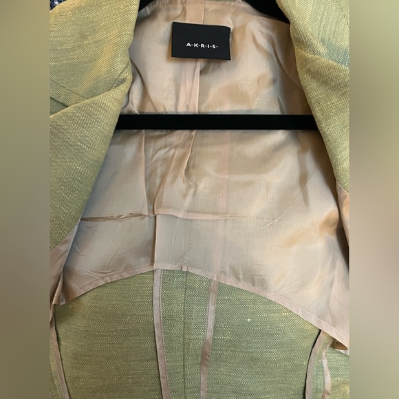 AKRIS Light Green Tan Linen & Silk Asymetrical Button Up Blazer Jacket SZ4 - Picture 3 of 7